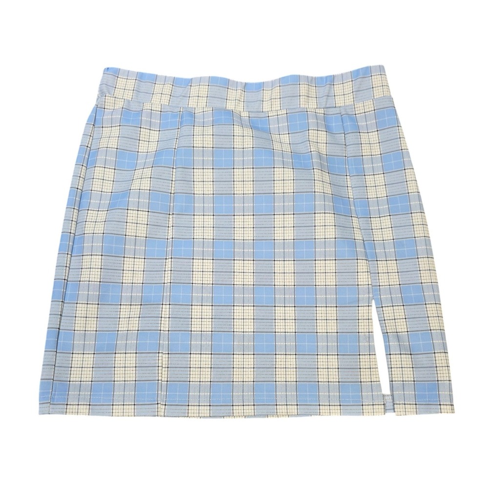 French Kiss Plaid Side Slit Mini Skirt Women's Size Medium Blue Checkered‎